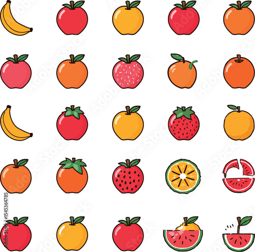 Delicious exotic fruits vector set colorful apples bananas oranges watermelon