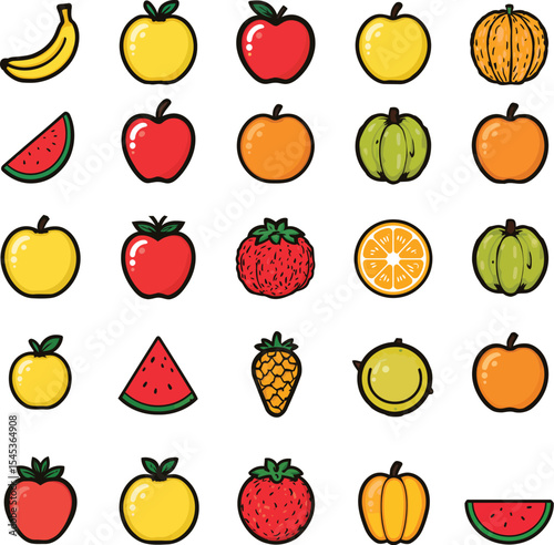 Delicious exotic fruits vector set colorful cartoon illustration