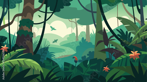 Stylized jungle landscape with lush foliage and birds in a vibrant flat design