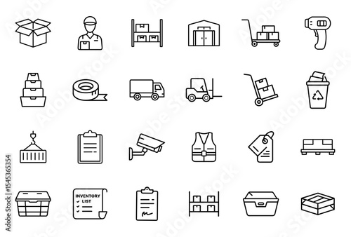 Warehouse logistics icons set in minimal line style for transportation  