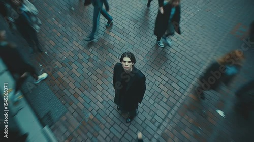 Lost in the Crowd: A solitary figure stands amidst the rushing throng, a poignant image of introspection amidst the city's relentless motion. The somber mood captures a moment of deep contemplation.