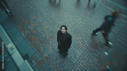 Alone in the Crowd: An individual stands centered amidst a blurred, dynamic street scene, capturing a moment of solitary contemplation amidst the hustle of city life.