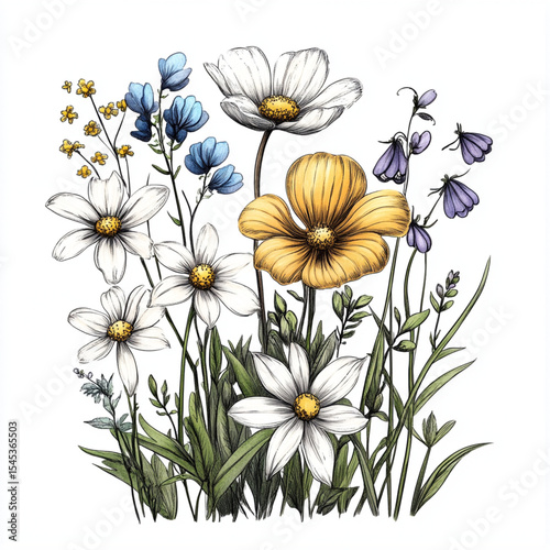 Illustration of wildflowers in various sizes, including daisies, yellow violets, bluebells, and white lilies, in black line drawing style against a white background 
