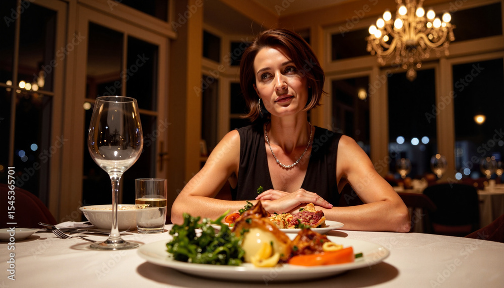 Contemplative woman dining alone at elegant restaurant, solitude reflection Contemplative woman dining alone at elegant restaurant, solitude reflection