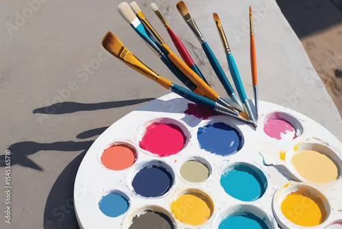 Colorful Paint Brushes and Palette Outdoors
