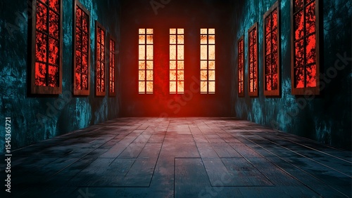 Eerie, old castle interior with window. Dark blue stone wall in the dark interior. Eerie room, room in the ancient castle.