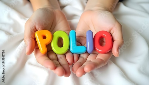 Polio plastic letters in hands representing viral disease awareness and inclusive rehabilitation support photo