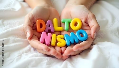 Daltonismo word in Portuguese formed with colorful letters symbolizing color blindness support and inclusive education