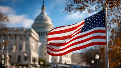 American flag waving in front of US Capitol building in Washington DC symbol of patriotism democracy freedom and national pride Independence Day celebration