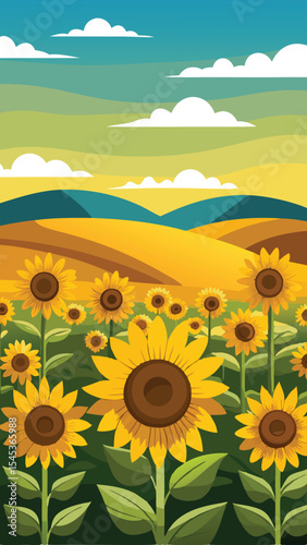 Vibrant sunflower field illustration with green leaves and rolling landscape backdrop