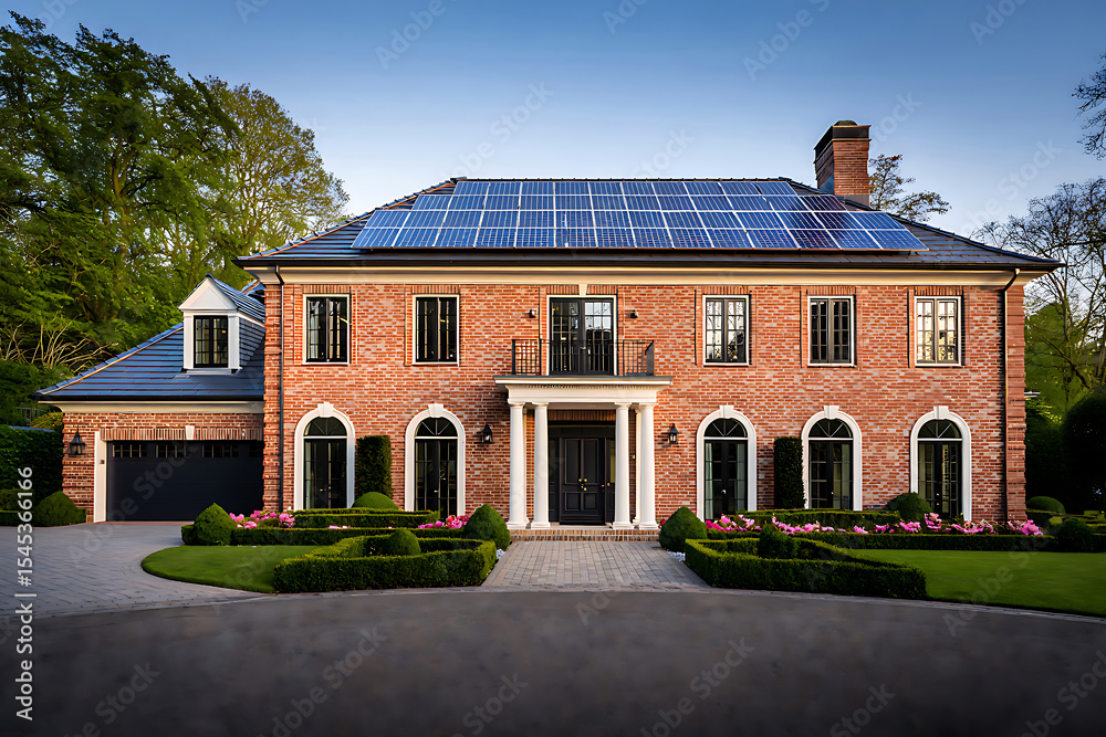 Fototapeta premium Luxury brick house with solar panels, landscaped gardens, and driveway