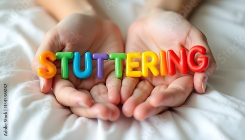 Stuttering plastic letters in hands representing speech fluency challenge awareness and inclusive therapy