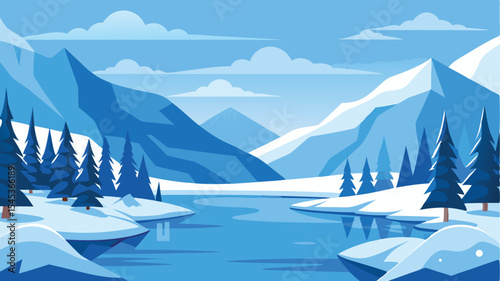 Winter mountain landscape illustration featuring snow covered peaks and tranquil lake scenery