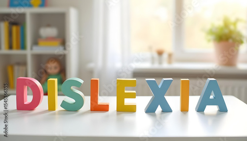 Dislexia word in Portuguese created with wooden letters representing reading disorder awareness and neurodivergent support