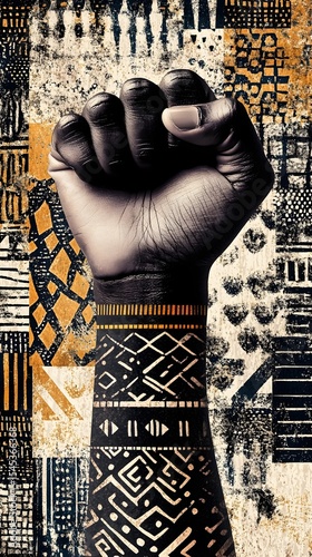 Bold Raised Fist with African-Inspired Geometric Patterns on White Background Symbolizing Strength and Empowerment perfect for protest graphics, equality campaigns, Black History Month events