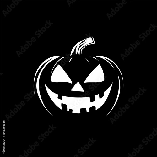 Scary grinning Halloween pumpkin with carved eyes and mouth in monochrome graphic style on a black background, symbolizing spooky celebration