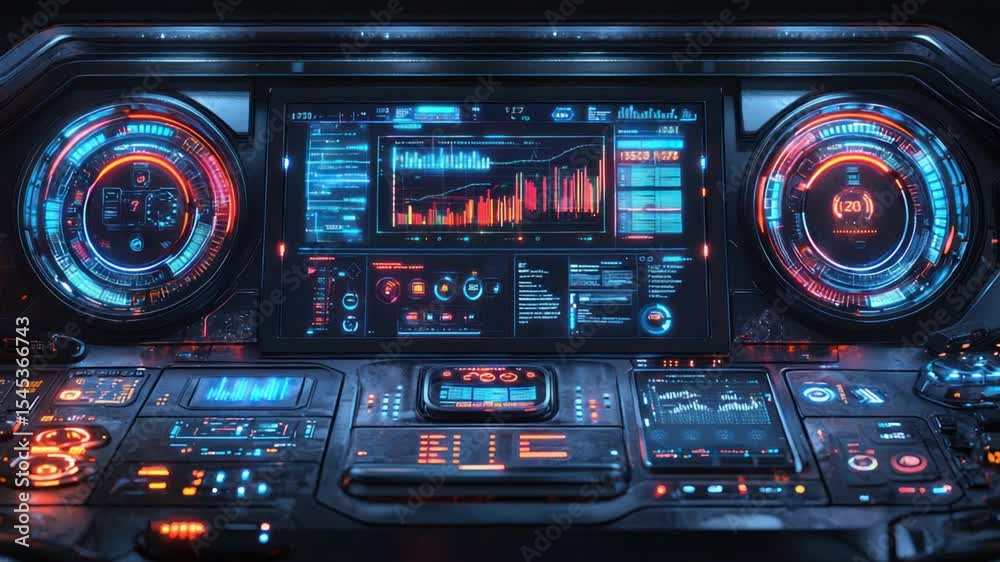 Futuristic control panel with glowing displays and controls