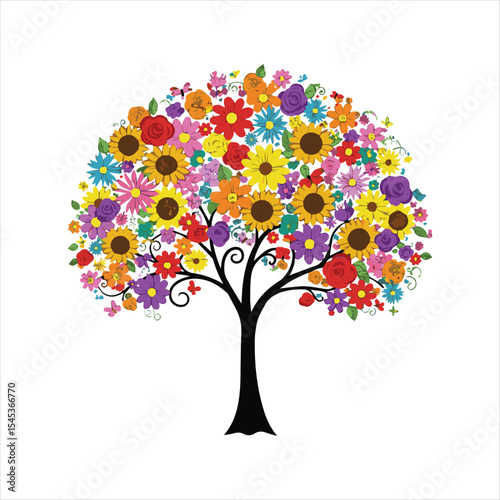 Vibrant Floral Tree Bursting with Life A Colorful Tapestry of Blooms and Whimsical Details Abound in Nature's Art