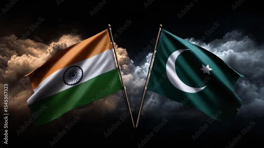 India and Pakistan national flags waving against dramatic stormy sky symbol of tension diplomacy conflict cooperation international relations political concept