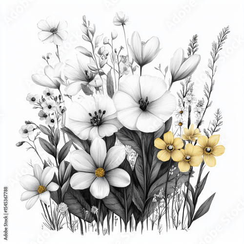 Illustration in black and white of wildflowers in various sizes, including daisies, yellow violets, bluebells, and white lilies, against a white background 