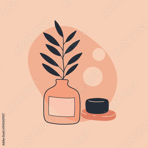 Decorative plant in glass jar with skincare cream on pink background  