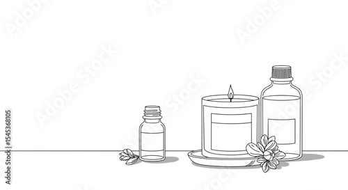 Essential oils and candle with flowers on minimalist background  