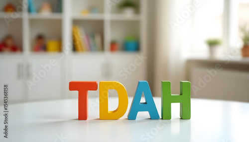TDAH acronym in Portuguese spelled with wooden letters representing attention disorder and neurodiverse learning inclusion