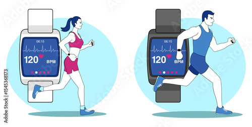 Vector illustration of male and female runners wearing smartwatches while jogging, with heart rate displayed on screen.