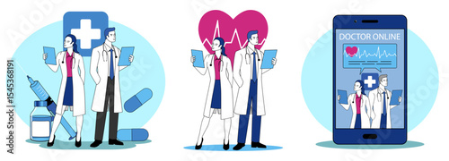 Modern healthcare and online doctor consultation vector illustration set.