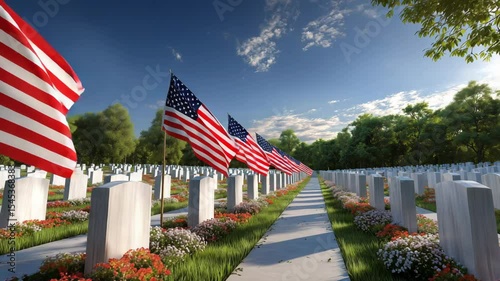 Military cemetery with rows of white headstones and American flags under a blue sky honoring fallen soldiers patriotic memorial tribute USA veterans graves remembrance flowers peace