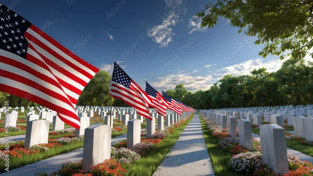 Military cemetery with rows of white headstones and American flags under a blue sky honoring fallen soldiers patriotic memorial tribute USA veterans graves remembrance flowers peace