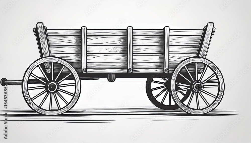 Fototapeta premium hand drawn black and white illustration of an old wooden farm wagon with four wheels