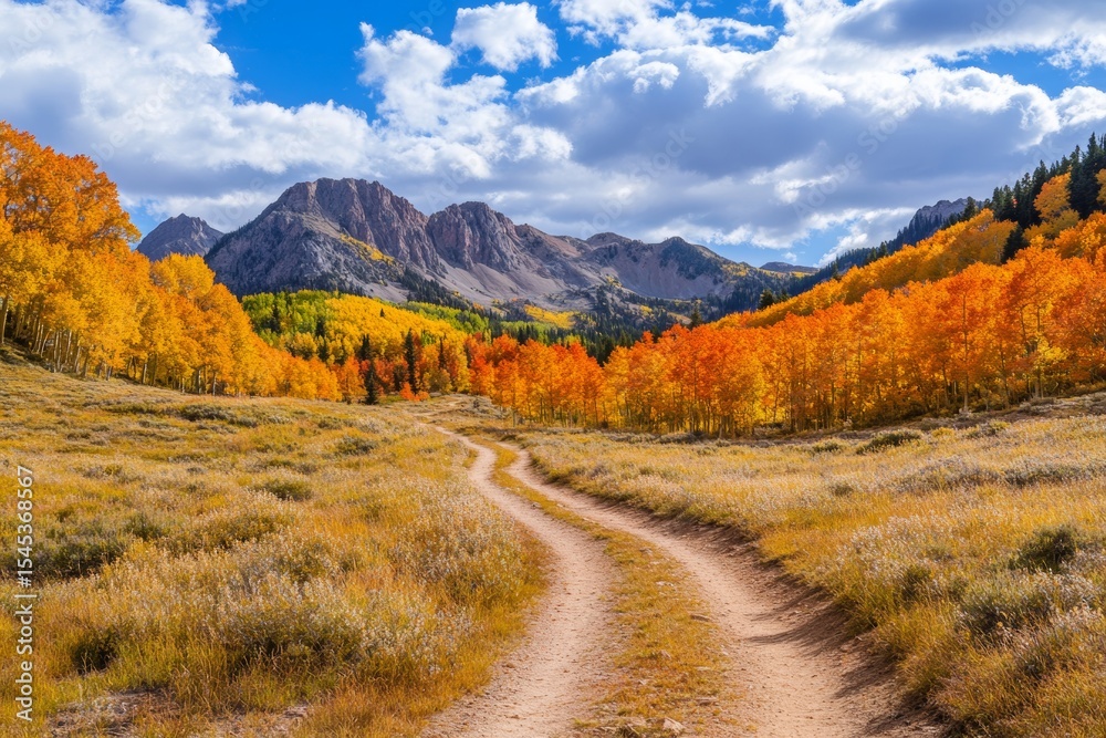 Obraz premium A winding hiking trail surrounded by brilliant autumn leaves invites adventure seekers to explore the serene beauty of nature. Mountains tower in the distance under a bright sky