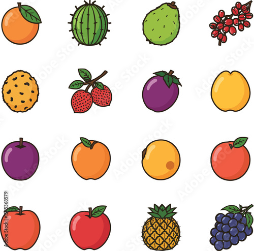 Colorful fruit icon pack healthy options delicious variety