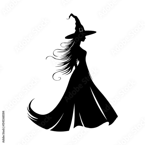 Silhouette of a graceful witch wearing a pointed hat and long gown, with flowing hair, in a minimal black style on a white background