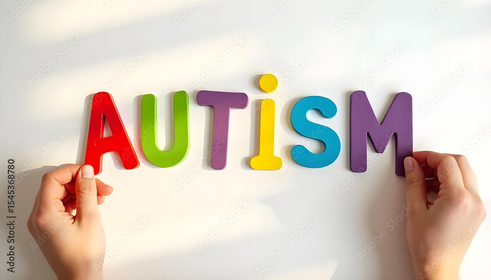 Fototapeta premium Autism letters displayed on white background representing support education and awareness within neurodiversity