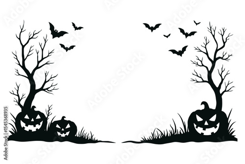 Halloween-themed silhouette border with bats, pumpkins, and leafless trees on a white background. Concept of spooky seasonal design