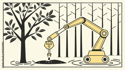 Illustration of a robotic arm extracting resources near a tree in a stylized forest scene