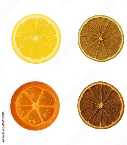 Fresh and dried citrus slices isolated on transparent background, including lemon, lime, tangerine, and orange wheels with rich textures for food packaging, drink garnish, and botanical visuals – conc