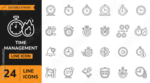 Time Management Line Editable Icons set. represents various time management concepts, tools, and processes.