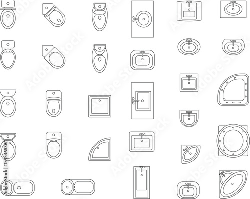 Washroom Furniture, luxury bathroom furniture, commode, basins, shells, toilets, bidets, urinals, showers, ceramic furniture, customizable stroke, vector, illustration
