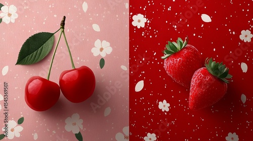 Exquisite red fruits nestled on vibrant backgrounds evoke a playful charm, showcasing the beauty of cherries and strawberries in a delightful composition