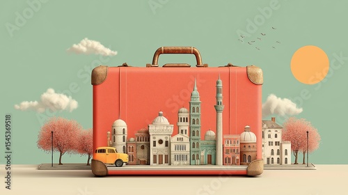 Whimsical journey through a vibrant cityscape housed within a retro suitcase under a golden sunset