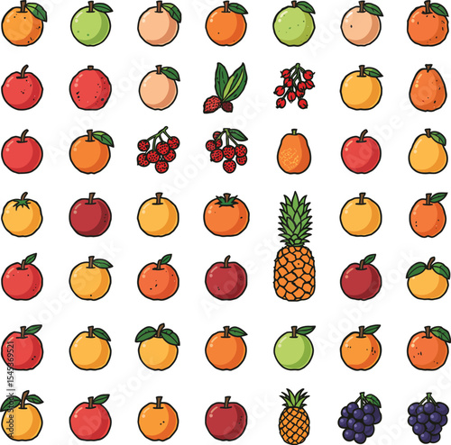 Colorful fruit icon pack healthy options apples oranges pineapple