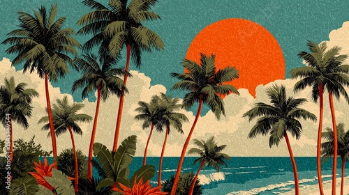 Sunset paints the horizon in warm hues as palms sway gently by the idyllic beach, inviting serenity and tranquility to those captured by its beauty