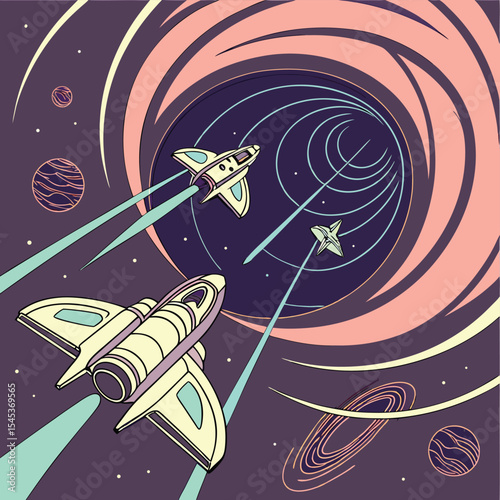 Spaceships navigating through a wormhole with planets and stars in a cosmic adventure scene