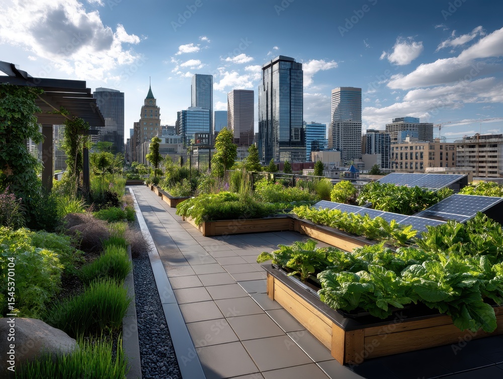 Fototapeta premium Lush urban rooftop garden with vibrant plants and city skyline backdrop.
