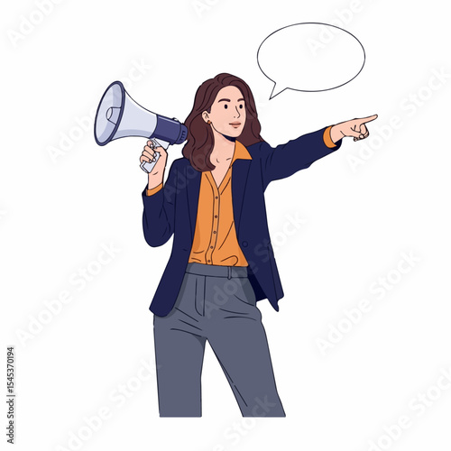  Woman Pointing and Speaking through Megaphone – Vector