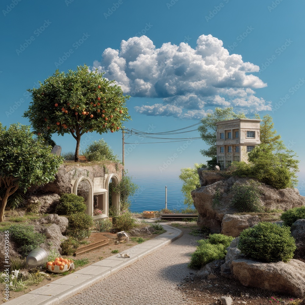 Whimsical seaside garden with orange trees and floating cloud. Whimsical seaside garden with orange trees and floating cloud.