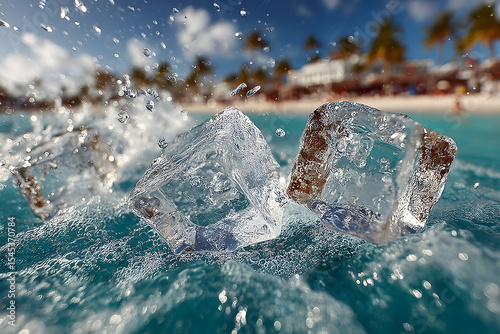 Three ice cubes splashing into clear turquoise water at a sunny beach with palm trees and blue sky, creating a refreshing and dynamic summer scene.
